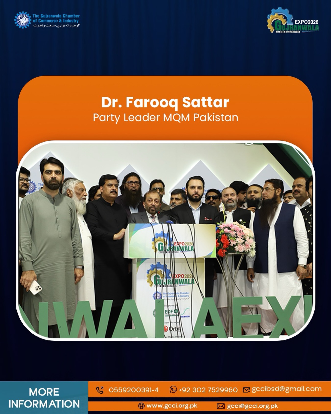 We were honoured to welcome Dr. Farooq Sattar, Party Leader MQM Pakistan, at Made in Gujranwala 2026. His visit reflected strong political support for industrial development and regional trade growth. We sincerely appreciate his presence and encouraging engagement with exhibitors at the Karachi Expo Centre.